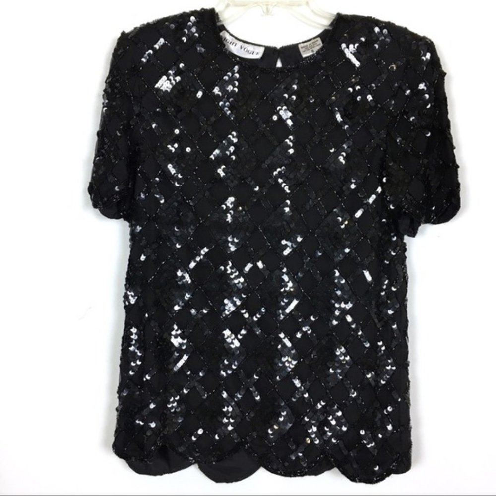Vintage Night Vogue Black Silk Sequin Blouse Top